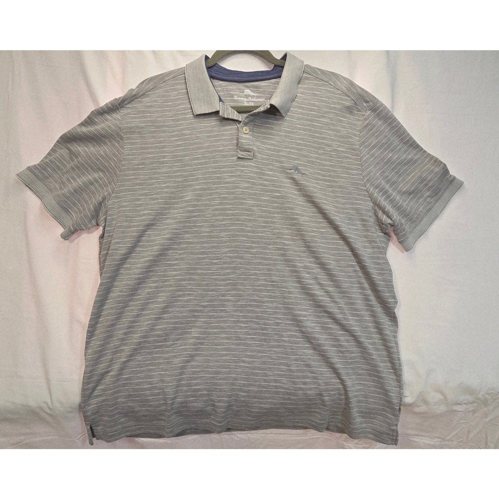 Tommy Bahama Mens XL Gray Striped Short Sleeve Polo Shirt Coastal Beachy Casual